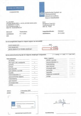 Official Ministry Certificate of rejection by the slaughterhouse: LOW rejection by the slaughterhouse WITH Nutro Meat: 0.33%