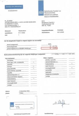 Official Ministry Certificate of rejection by the slaughterhouse: LOW rejection by the slaughterhouse WITH Nutro Meat: 0.36%